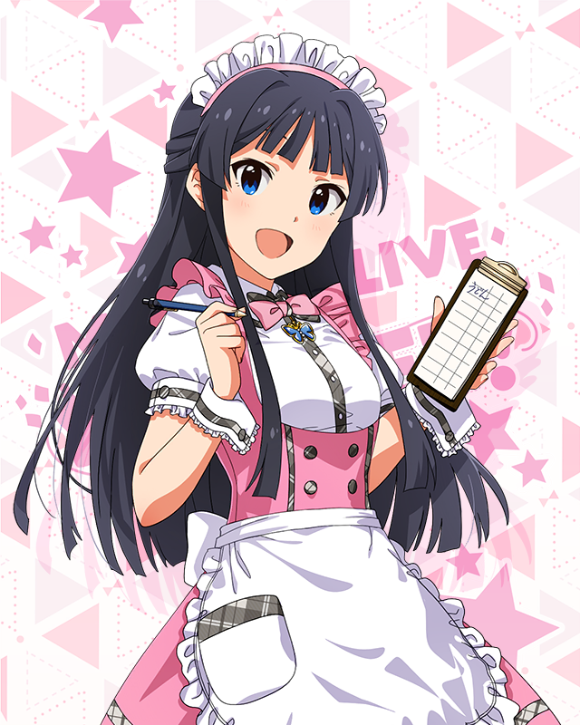 1girl apron bill_(object) black_hair blue_eyes blunt_bangs bow bowtie breasts butterfly_ornament dot_nose dress frilled_apron frilled_skirt frills hair_over_shoulder holding holding_pen idolmaster idolmaster_million_live! idolmaster_million_live!_theater_days long_hair looking_at_viewer maid_headdress mogami_shizuka official_alternate_costume official_art open_mouth pen pink_bow pink_bowtie pink_dress pretty_waitress_(idolmaster) puffy_short_sleeves puffy_sleeves shirt short_sleeves sidelocks skirt small_breasts smile solo standing starry_background straight_hair thigh-highs upper_body waist_apron waitress white_apron white_shirt white_thighhighs wrist_cuffs