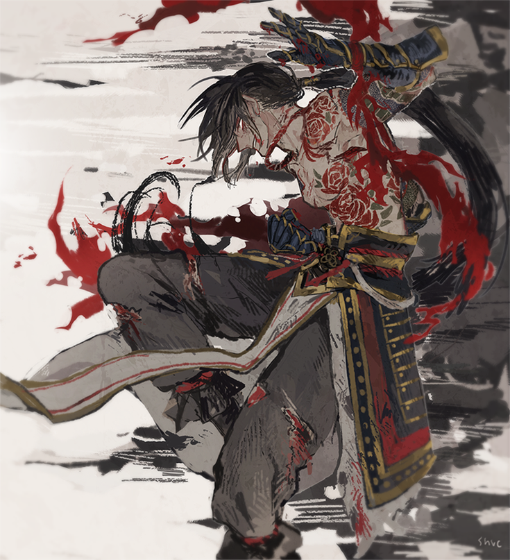 1boy arm_tattoo armor bare_shoulders battle black_hair blood blood_on_clothes blood_on_face chest_tattoo chinese_knot conohi_(snvcenni) fate/grand_order fate_(series) from_side japanese_armor long_hair low_ponytail male_focus pants shoulder_tattoo smirk smoke solo stomach_tattoo tattoo torn_clothes torn_pants yan_qing_(fate)