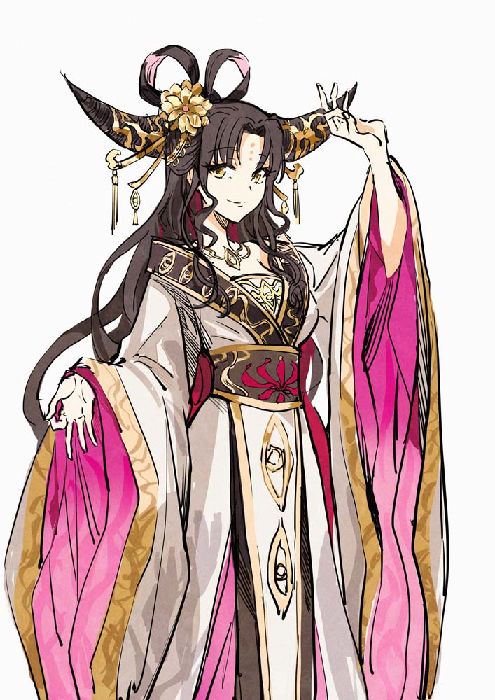 1girl black_hair black_horns black_sash breasts chinese_clothes chinese_commentary closed_mouth commentary_request fate/extra fate/extra_ccc fate/grand_order fate_(series) feet_out_of_frame flower forehead_tattoo gold_tassel gold_trim hair_flower hair_ornament hair_rings hand_up hanfu horn_ornament horns large_horns long_hair long_sleeves looking_at_viewer medium_breasts mudra multicolored_hair obi parted_bangs pink_hair sash sessyoin_kiara sidelocks simple_background smile solo streaked_hair tassel vitarka_mudra white_background white_hanfu wide_sleeves yellow_eyes yellow_flower zerocastle