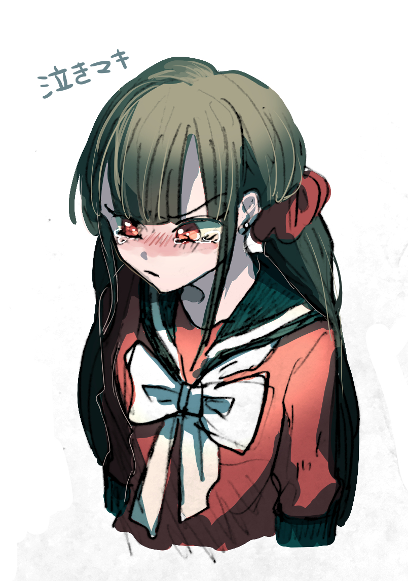 1girl black_hair blunt_bangs blush bow brown_hair commentary_request cropped_torso danganronpa_(series) danganronpa_v3:_killing_harmony earrings frown hair_ornament harukawa_maki jewelry long_hair long_sleeves looking_down low_twintails mole mole_under_eye red_eyes red_scrunchie red_shirt sarami_(sa_rami30) school_uniform scrunchie shirt simple_background sketch solo tearing_up twintails upper_body white_background white_bow