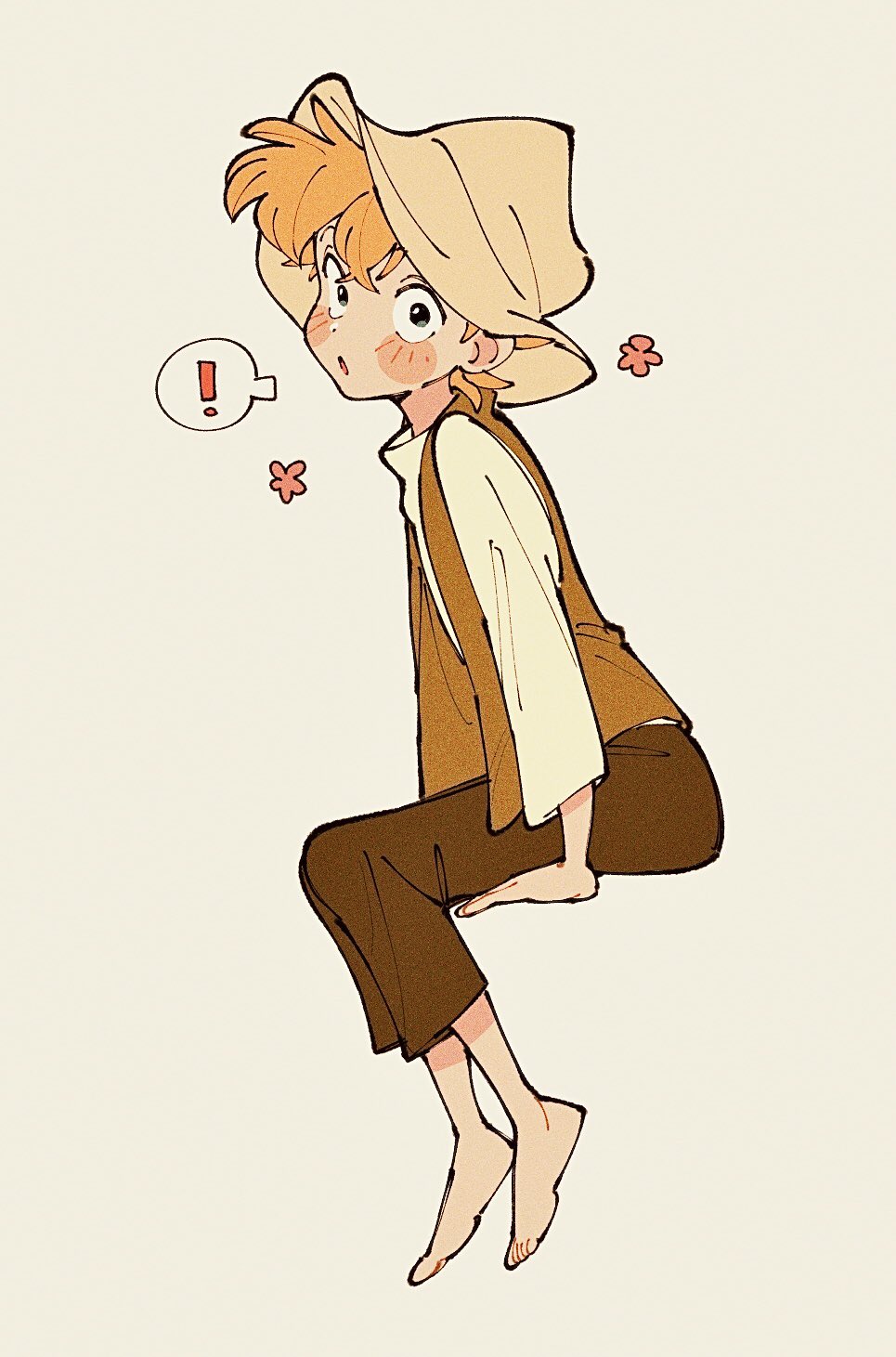 ! 1boy arm_support barefoot blush_stickers br'er_fox_(disney) brown_hat brown_pants brown_vest flower from_side full_body hat highres invisible_chair long_hair male_focus open_mouth orange_hair pants shirt short_hair simple_background sitting solo song_of_the_south spoken_exclamation_mark uochandayo vest white_shirt