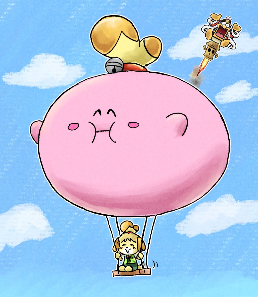 1girl animal_crossing bell blue_sky blush_stickers closed_eyes dog_tail furry furry_female gloves gyroid_(animal_crossing) hair_bell hair_ornament isabelle_(animal_crossing) kicdon king_dedede kirby kirby's_dream_land kirby_(series) open_mouth pom_pom_(clothes) sky super_smash_bros. swing tail yellow_gloves