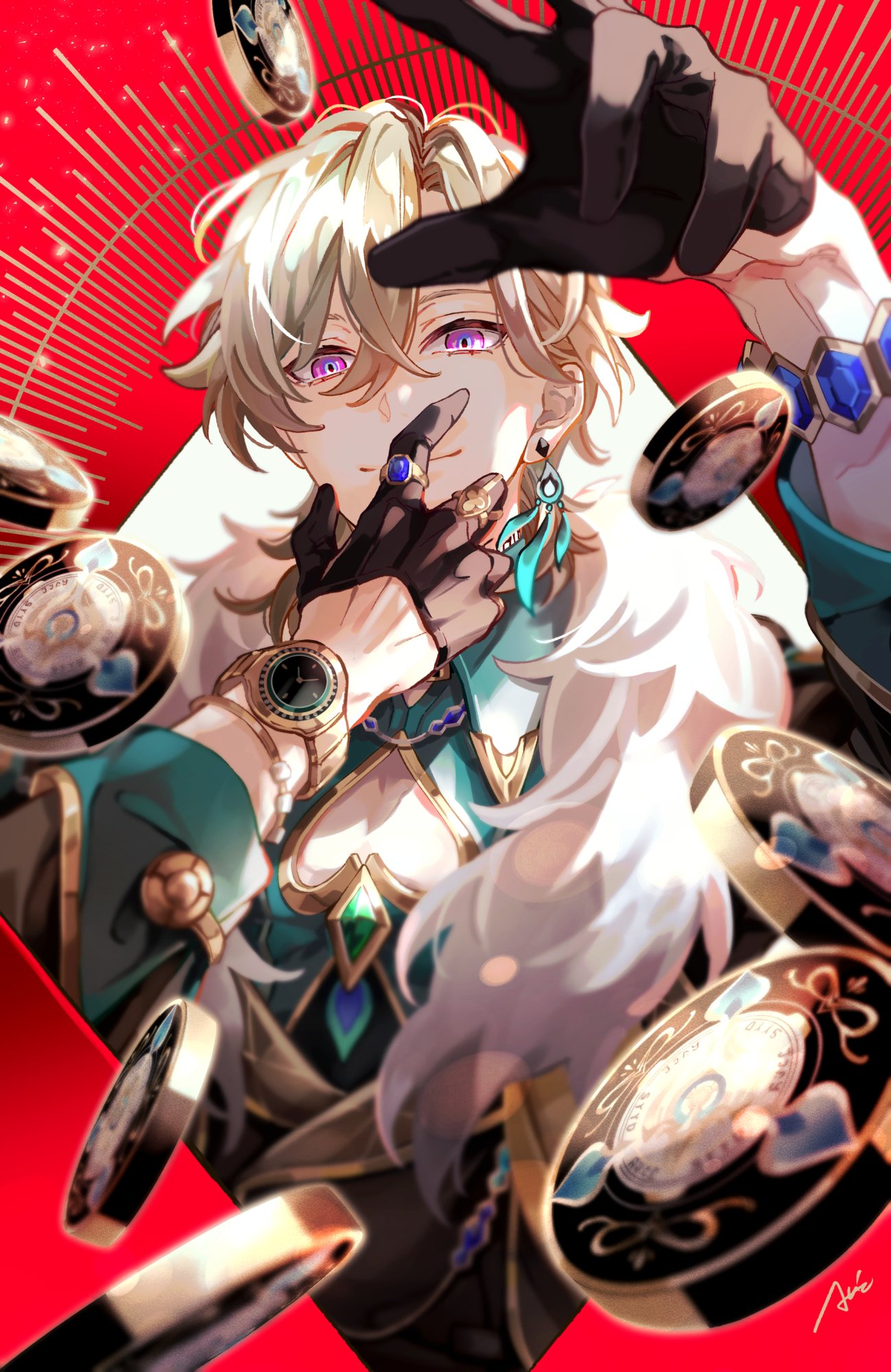 1boy akito_hskz aqua_shirt aventurine_(honkai:_star_rail) black_gloves blonde_hair bracelet closed_mouth clothing_cutout collared_shirt covering_own_mouth earrings fur_trim gloves hair_between_eyes hand_over_own_mouth highres honkai:_star_rail honkai_(series) jewelry looking_at_viewer male_focus multicolored_eyes pectoral_cleavage pectorals poker_chip red_background ring shirt short_hair solo two-tone_eyes watch watch