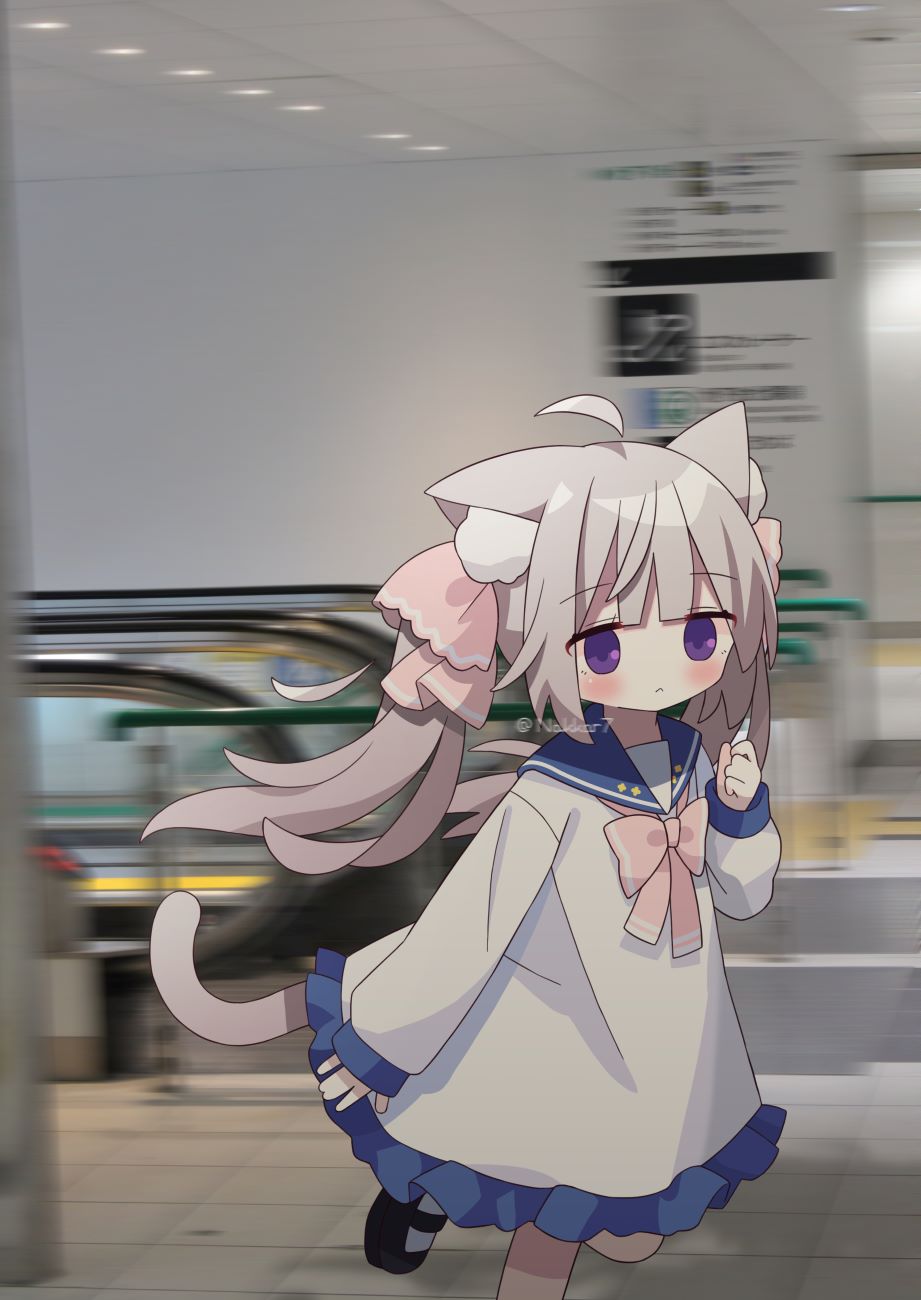 1girl :&lt; animal_ear_fluff animal_ears black_footwear blue_sailor_collar blurry blurry_background blush bow cat_ears cat_girl cat_tail closed_mouth commentary_request dress escalator frilled_dress frills grey_hair grey_socks hair_ribbon hand_up highres long_hair long_sleeves motion_blur nakkar original photo_background pink_bow pink_ribbon puffy_long_sleeves puffy_sleeves ribbon running sailor_collar sailor_dress shoes sleeves_past_wrists socks solo tail twintails twitter_username violet_eyes watermark white_dress