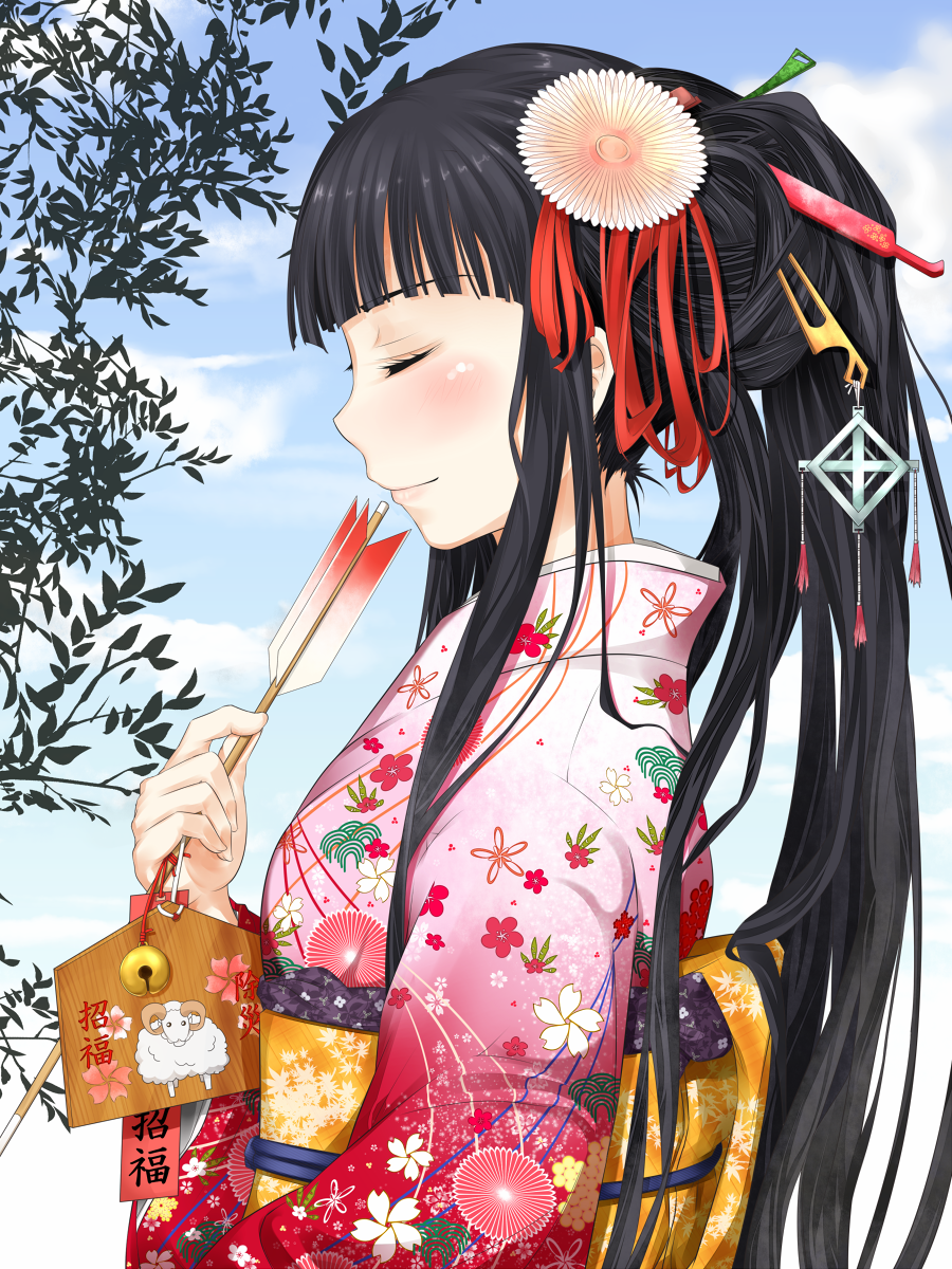 1girl alternate_costume arrow_(projectile) belt blue_sky blush closed_eyes closed_mouth clouds cloudy_sky commentary_request day floral_print from_side hair_ornament highres himegami_aisa holding holding_arrow japanese_clothes kimono light_smile lips long_hair obi outdoors pink_kimono sash sheep_print shin_(highest1192) sidelocks sky smile solo toaru_majutsu_no_index upper_body yellow_belt yukata