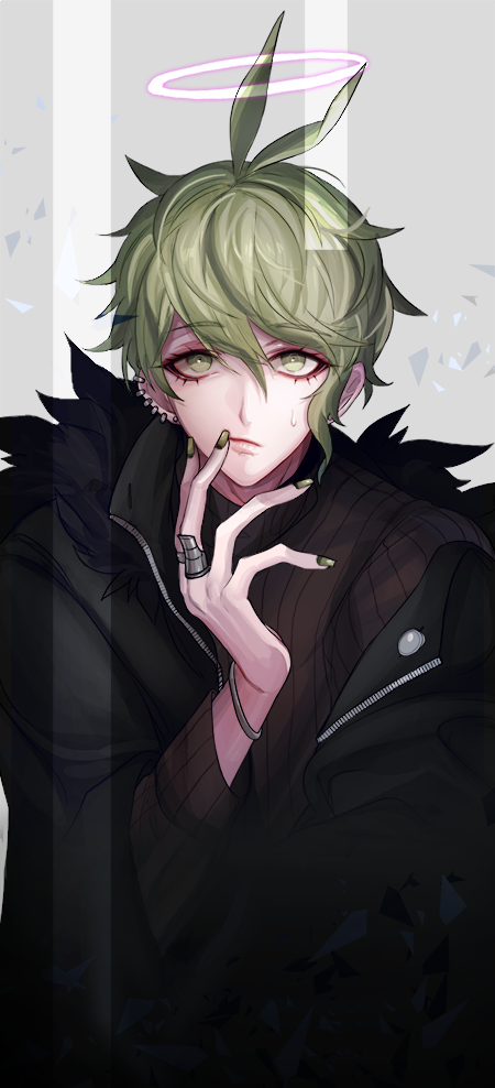 1boy alternate_costume altimaen_iten amami_rantaro antenna_hair bishounen black_coat black_sleeves bracelet brown_sweater buttons closed_mouth coat collared_coat danganronpa_(series) danganronpa_v3:_killing_harmony ear_piercing eyelashes fur-trimmed_coat fur_trim green_eyes green_hair green_nails grey_background hair_between_eyes halo jewelry layered_sleeves light_frown long_sleeves looking_at_viewer male_focus multiple_rings nail_polish piercing purple_halo ring short_hair simple_background solo sweatdrop sweater third-party_source upper_body zipper