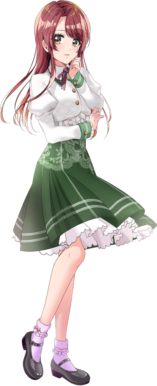 1girl black_footwear bow_legwear collared_shirt d4dj foot_up frilled_socks frills green_skirt hand_on_own_cheek hand_on_own_face high-waist_skirt highres juliet_sleeves kasuga_haruna long_hair long_sleeves looking_at_viewer mary_janes medium_skirt neck_ribbon official_art orange_eyes parted_lips pleated_skirt puffy_sleeves purple_ribbon purple_socks redhead ribbon shirt shoes sidelocks simple_background skirt socks solo standing straight_hair swept_bangs transparent_background white_shirt