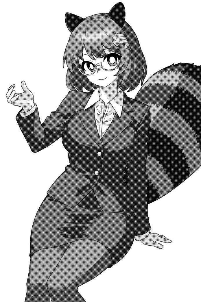 1girl animal_ears breasts buttons collared_shirt commentary_request cowboy_shot futatsuiwa_mamizou greyscale hair_ornament hand_up jacket leaf_hair_ornament long_sleeves looking_at_viewer monochrome onkn_sxkn raccoon_ears raccoon_girl raccoon_tail round_eyewear shirt short_hair simple_background sitting skirt smile solo tail thigh-highs touhou white_background