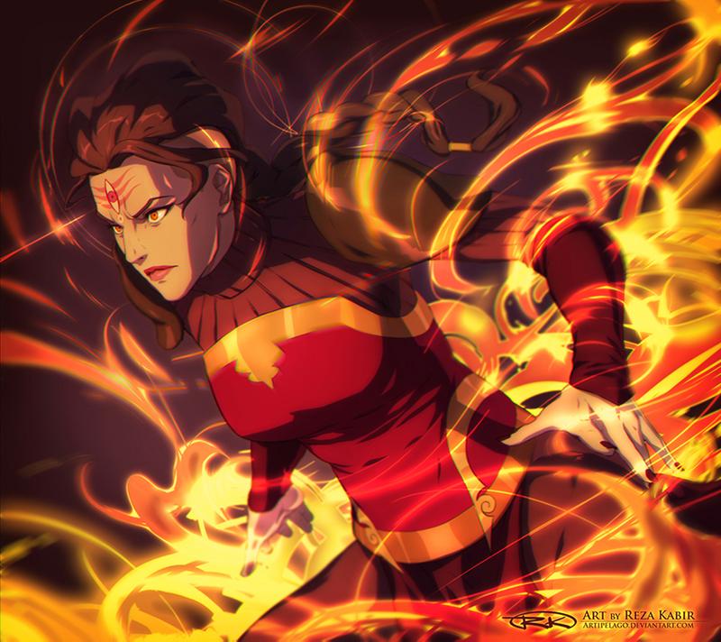 1girl arm_guards armor artist_name avatar_legends bad_deviantart_id bad_id black_nails brown_hair closed_mouth english_text fire lips long_hair nail_polish p'li_(the_legend_of_korra) pyrokinesis red_eyes red_lips signature solo the_art_mage the_legend_of_korra third_eye upper_body