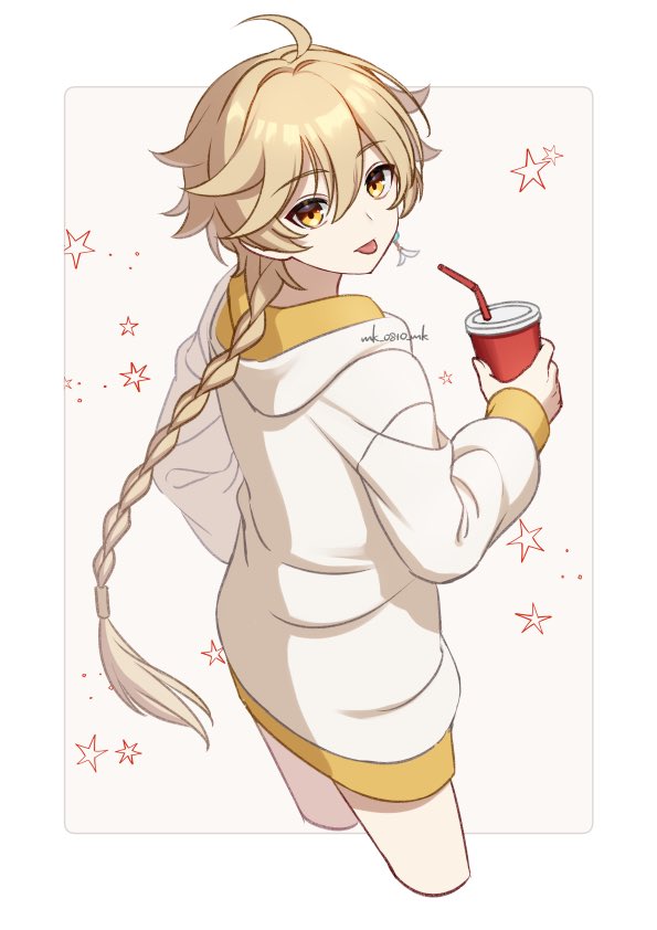 1boy aether_(genshin_impact) ar_(rikuesuto) blonde_hair braid cup disposable_cup drinking_straw earrings genshin_impact hair_between_eyes hair_ornament holding holding_cup hood hoodie jewelry long_hair long_sleeves male_focus solo star_(symbol) tongue tongue_out white_hoodie yellow_eyes