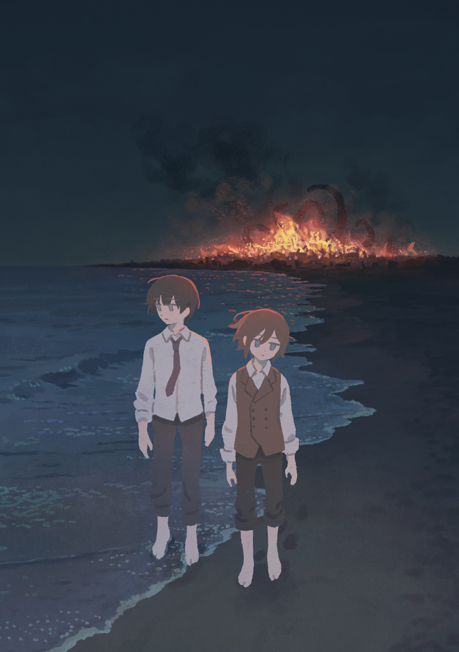 2boys barefoot beach black_pants blue_eyes brown_vest burning closed_mouth collared_shirt commission fire footprints highres long_sleeves muji_(uimss) multiple_boys necktie night night_sky original pants red_necktie sand shirt short_hair skeb_commission sky smoke standing tentacles vest waves white_shirt