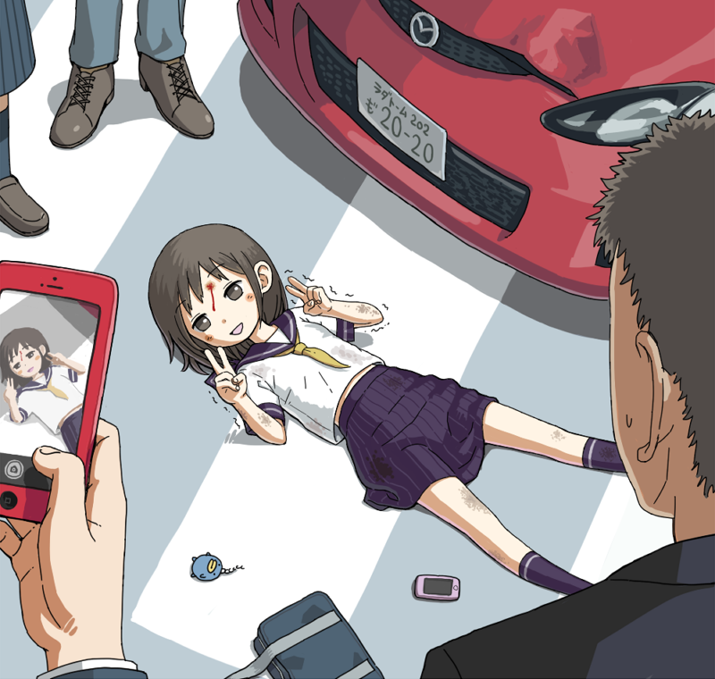 2girls 3boys accident bag bleeding_from_forehead blush brown_eyes brown_hair car car_crash cellphone cellphone_photo charm_(object) commentary_request crosswalk day dirty dirty_clothes double_v facing_away hands_up injury kneehighs looking_at_another lying motor_vehicle multiple_boys multiple_girls neckerchief nezutako on_back open_mouth original outdoors oxfords phone pleated_skirt purple_sailor_collar purple_skirt purple_socks sailor_collar school_bag school_uniform serafuku shirt short_hair short_sleeves skirt smartphone smile socks suit surrounded sweatdrop taking_picture trembling v very_short_hair white_shirt yellow_neckerchief