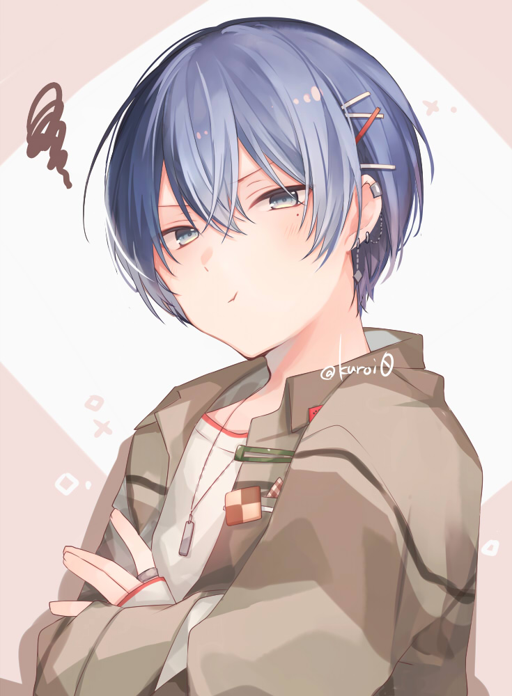 1boy :t aoyagi_touya blue_eyes blue_hair blush brown_background brown_jacket closed_mouth commentary_request crossed_arms ear_piercing earrings hair_between_eyes hair_ornament hairclip jacket jewelry kuroi_(liar-player) long_sleeves looking_at_viewer male_focus mole mole_under_eye open_clothes open_jacket piercing pout project_sekai puffy_long_sleeves puffy_sleeves shirt solo squiggle twitter_username two-tone_background upper_body white_background white_shirt
