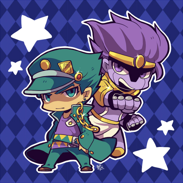 2boys argyle_background belt chain chibi chibi_only closed_mouth coat colored_skin earrings fingerless_gloves full_body fundoshi gloves green_coat green_eyes green_hair green_hat green_pants hand_on_own_hip japanese_clothes jewelry jojo_no_kimyou_na_bouken kotorai kujo_jotaro long_coat male_focus multiple_belts multiple_boys no_nose open_mouth outline pants punching purple_hair purple_skin standing star_(symbol) star_platinum stardust_crusaders violet_eyes white_outline