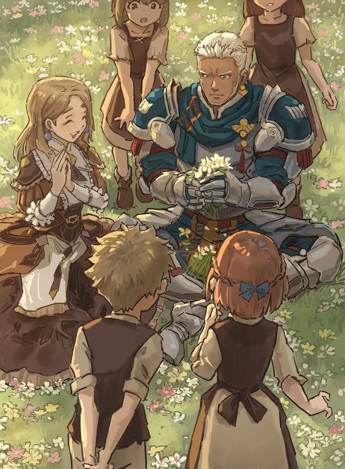 2boys 4girls :d ^_^ armor arms_behind_back blonde_hair closed_eyes commentary dark-skinned_male dark_skin dedue_molinaro english_commentary field fire_emblem fire_emblem:_three_houses fire_emblem_warriors:_three_hopes flower flower_field gauntlets graves green_little holding holding_flower long_hair mercedes_von_martritz multiple_boys multiple_girls official_alternate_costume official_alternate_hairstyle on_grass open_mouth outdoors own_hands_together short_hair sitting smile white_facial_hair white_flower white_hair