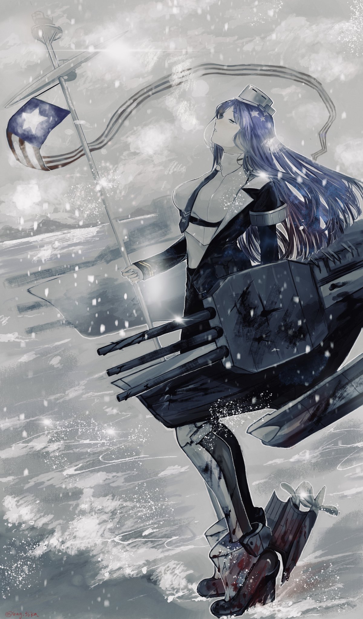 1girl american_flag black_jacket blood blood_on_shoes blue_hair blue_necktie breasts cannon commission dress_shirt flag hagioshi headgear highres holding holding_flag jacket kantai_collection large_breasts long_hair multicolored_hair necktie outdoors propeller redhead rigging shirt skeb_commission snowing solo south_dakota_(kancolle) south_dakota_kai_(kancolle) standing star_(symbol) turret very_long_hair water white_hair white_shirt