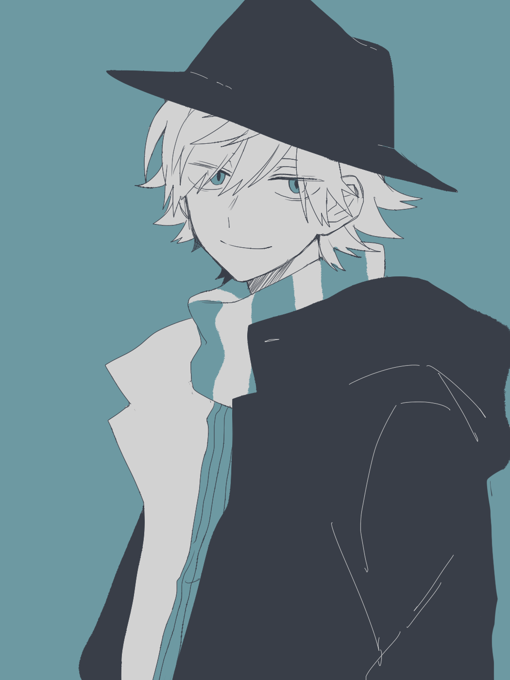 1boy blue_background blue_eyes closed_mouth eyes_visible_through_hair hat highres hood jacket looking_at_viewer maco22 male_focus monochrome open_clothes original scarf short_hair simple_background smile solo striped_clothes striped_scarf upper_body