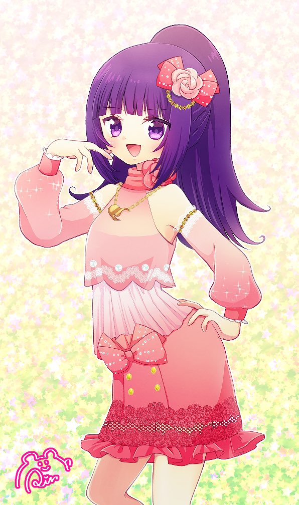 1girl :d bare_shoulders blunt_bangs bow cowboy_shot detached_sleeves flower hair_bow hair_flower hair_ornament hanazono_shuka hand_on_own_hip hand_up idol_clothes idol_time_pripara jewelry long_hair looking_at_viewer necklace open_mouth pink_bow pink_flower pink_rose pink_shirt pink_skirt ponytail pretty_series pripara purple_hair rin_(ikura_meshi) rose shirt signature skirt smile solo standing violet_eyes