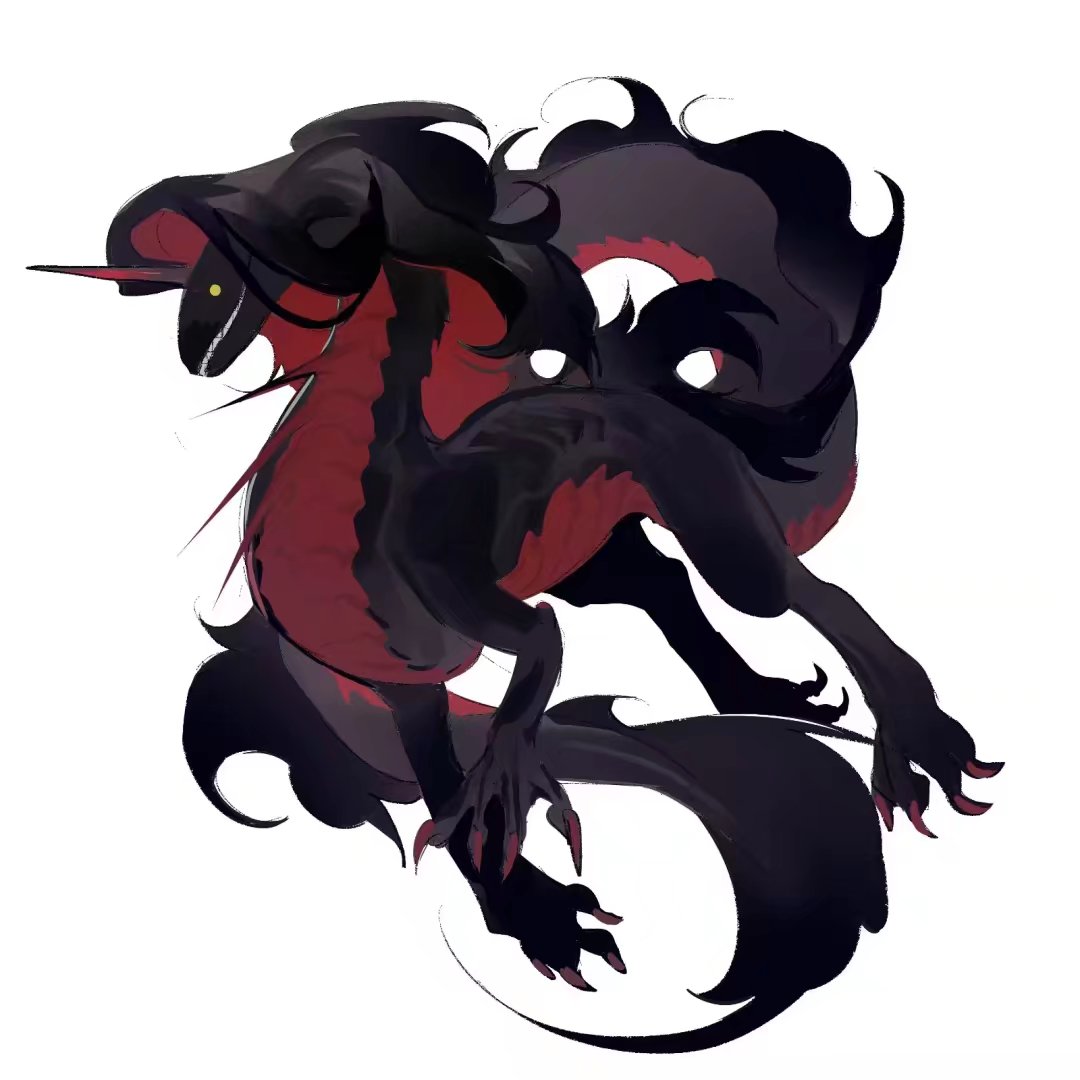 black_hair black_skin chinese_commentary claws colored_inner_hair colored_skin commentary_request full_body fur-tipped_tail horns mane monster multicolored_hair no_humans original redhead sharp_teeth simple_background single_horn solo teeth white_background yellow_eyes yulei_yuuuuu