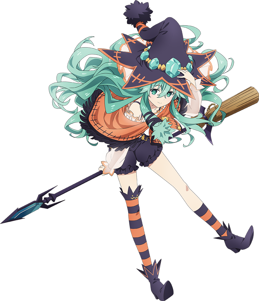 1girl asymmetrical_legwear black_shorts broom broom_riding date_a_live full_body gem green_eyes green_gemstone green_hair hat high_heels holding holding_clothes holding_hat long_hair long_sleeves natsumi_(date_a_live) official_art puffy_sleeves shorts smile socks solo striped_clothes striped_socks transparent_background witch_hat
