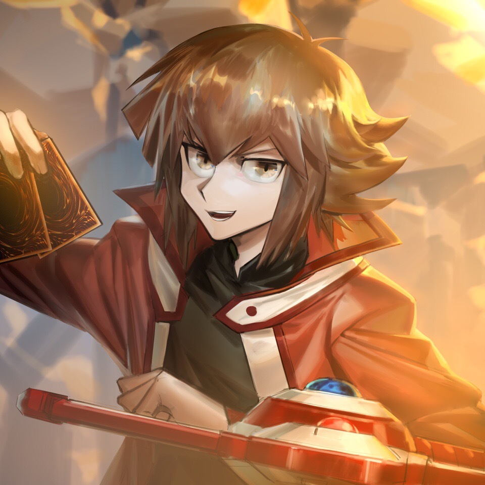 1boy black_shirt brown_eyes brown_hair card duel_academy_uniform_(yu-gi-oh!_gx) duel_disk hair_between_eyes holding holding_card jacket long_sleeves looking_at_viewer male_focus multicolored_hair open_clothes open_jacket open_mouth quirrel_(gharnedanshyo) red_jacket shirt short_hair smile solo sunset two-tone_hair upper_body yu-gi-oh! yu-gi-oh!_gx yuuki_juudai