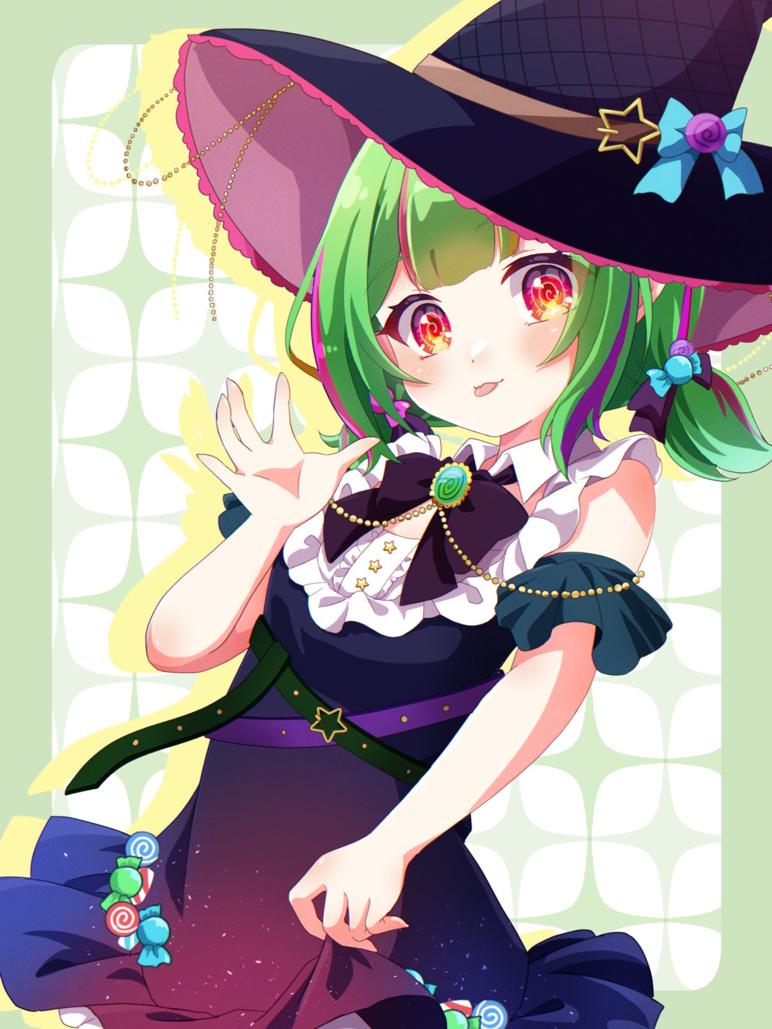 1girl @_@ black_bow black_bowtie black_dress black_hat blue_bow bow bowtie candy collar commission dress flat_chest food frills green_brooch green_hair hat hat_bow hexa_(vtuber) highres indie_virtual_youtuber multicolored_hair pink_hair purple_hair red_eyes second-party_source skeb_commission skirt_hold solo star_o-ring streaked_hair tongue tongue_out two_side_up virtual_youtuber white_collar witch_hat wrapped_candy yui_mirano