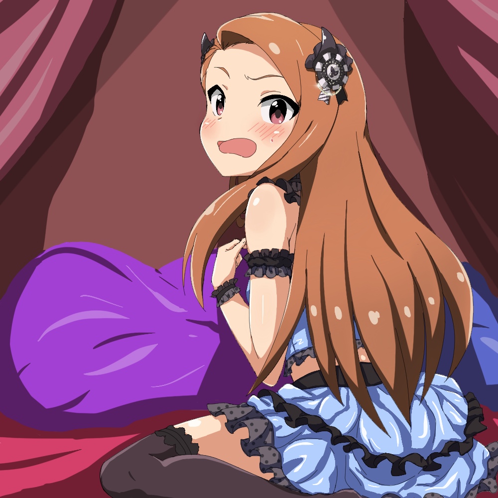 1girl bare_shoulders blush breasts brown_hair curtains embarrassed forehead frilled_skirt frilled_sleeves frills hair_ornament idolmaster idolmaster_(classic) idolmaster_million_live! idolmaster_million_live!_theater_days indoors lace_trim long_hair looking_at_viewer looking_back minase_iori nejime_(nejimeinu) open_mouth pillow polka_dot sitting skirt small_breasts solo straight_hair sweat thigh-highs wariza wavy_eyebrows wavy_mouth wrist_cuffs