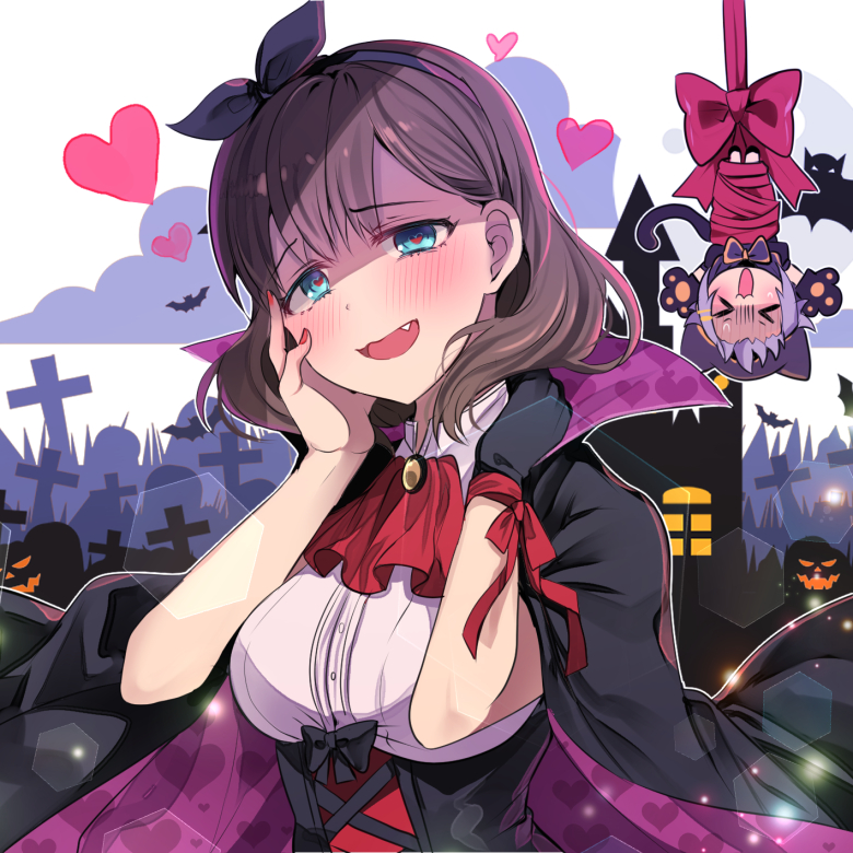 &gt;_&lt; 2girls animal_ears animal_hands ascot bat_(animal) black_cloak black_corset black_gloves blue_eyes blush bow bowtie breasts brown_hair building cat_ears cat_tail chibi chocho_(homelessfox) cloak clouds corset dot_nose fake_animal_ears fake_tail fang gloves graveyard hair_flaps hair_ornament hairband hairclip halloween hand_on_own_face hands_up heart heart_in_eye heart_print idolmaster idolmaster_cinderella_girls idolmaster_cinderella_girls_starlight_stage jack-o'-lantern koshimizu_sachiko lens_flare light_particles looking_at_viewer medium_breasts multiple_girls nail_polish open_mouth paw_gloves print_cloak purple_bow purple_bowtie purple_hair purple_hairband red_ascot red_nails red_ribbon ribbon sakuma_mayu shirt short_hair single_glove smile symbol_in_eye tail two-sided_cloak two-sided_fabric underbust upside-down wavy_mouth white_shirt window wrist_ribbon yandere