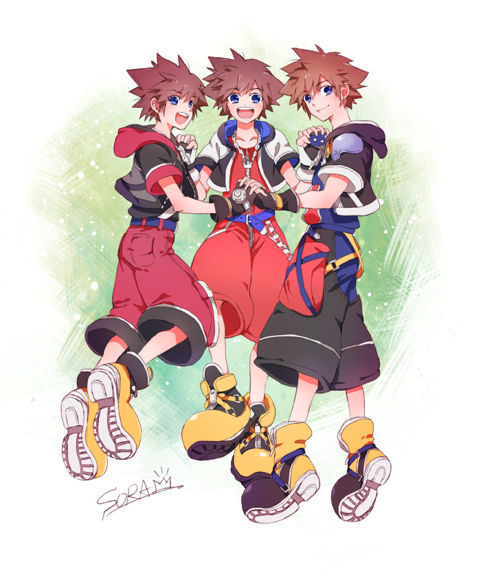 3boys belt black_gloves black_jacket black_shorts blue_belt brown_hair chain_necklace character_name clone closed_mouth crown crown_necklace fingerless_gloves floating gloves green_background grin holding_hands hood hood_down jacket jewelry kingdom_hearts kingdom_hearts_i kingdom_hearts_ii kingdom_hearts_iii looking_at_viewer multiple_boys multiple_persona necklace open_mouth oyatsu_(honeys) puffy_short_sleeves puffy_sleeves red_hood red_shorts shoes short_hair short_sleeves shorts smile sora_(kingdom_hearts) spiky_hair teeth upper_teeth_only white_background white_gloves yellow_footwear