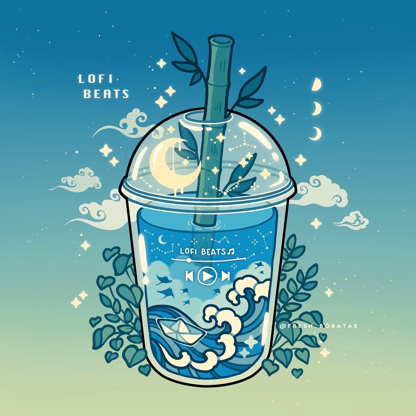 bamboo clouds constellation cup digital_media_player disposable_cup drink drinking_straw emily_kim english_text gradient_background highres leaf manta_ray moon_phases no_humans original paper_boat simple_background sparkle twitter_username waves
