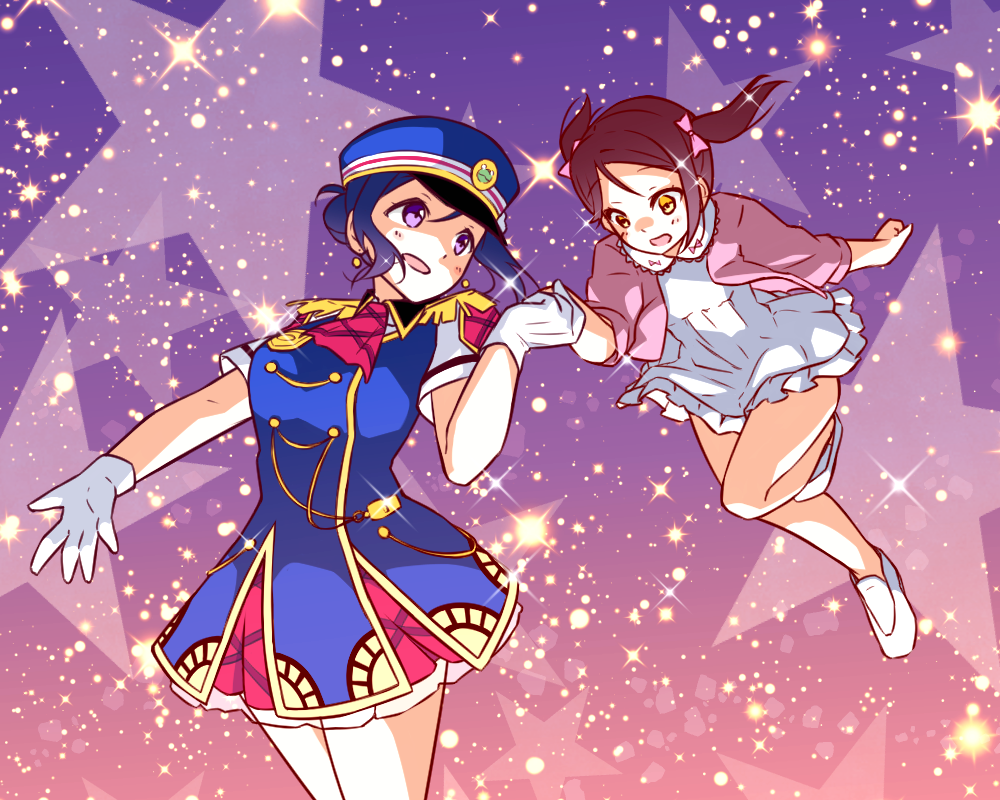 2girls ascot azukilib blue_dress blue_hat blush bow breasts brown_hair commentary_request cowboy_shot cropped_jacket dress earrings epaulettes eye_contact flat_chest frilled_dress frills full_body gloves gradient_background hair_bow hair_bun hand_up happy hat holding_hands jacket jewelry jumping leg_up light_blush long_sleeves looking_at_another looking_back love_live! love_live!_sunshine!! matsuura_kanan multiple_girls open_clothes open_jacket open_mouth outstretched_arm peaked_cap pinafore_dress pink_bow pink_jacket purple_background purple_hair red_ascot sakurauchi_riko shirt shoes short_dress short_hair short_sleeves sidelocks single_hair_bun sleeveless sleeveless_dress small_breasts smile sparkle standing star_(symbol) starry_background thighs twintails underlighting violet_eyes white_dress white_footwear white_gloves white_shirt