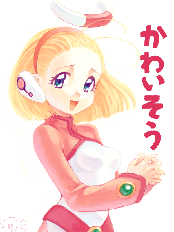 1girl :d antenna_hair bad_drawr_id bad_id blonde_hair blue_eyes breasts corrector_rescue corrector_yui earpiece gem green_gemstone hairband halo itsuki_(otsugei) long_sleeves looking_at_viewer open_mouth own_hands_together pink_hairband pink_sleeves shirt short_hair small_breasts smile solo translated upper_body white_shirt
