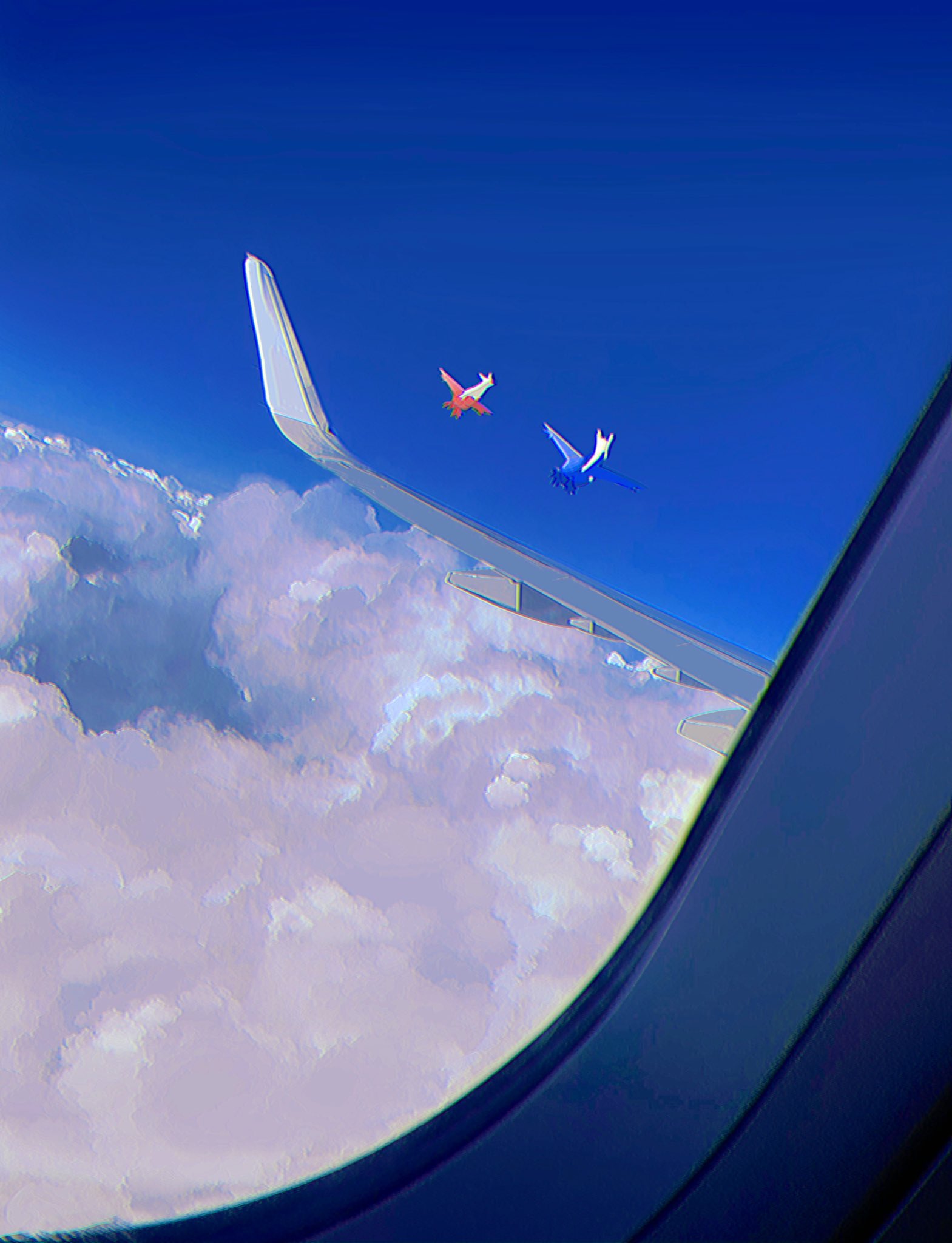 above_clouds airplane_interior anzu_(01010611) chromatic_aberration clouds commentary_request day flying highres latias latios no_humans outdoors pokemon pokemon_(creature) sky window