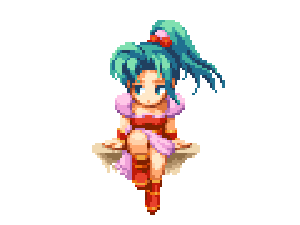 1girl armor cape dress final_fantasy final_fantasy_vi full_body green_eyes green_hair headband looking_to_the_side parted_bangs pink_cape pixel_art pixelflag ponytail red_dress red_footwear red_sleeves shoulder_pads sitting square_enix terra_branford