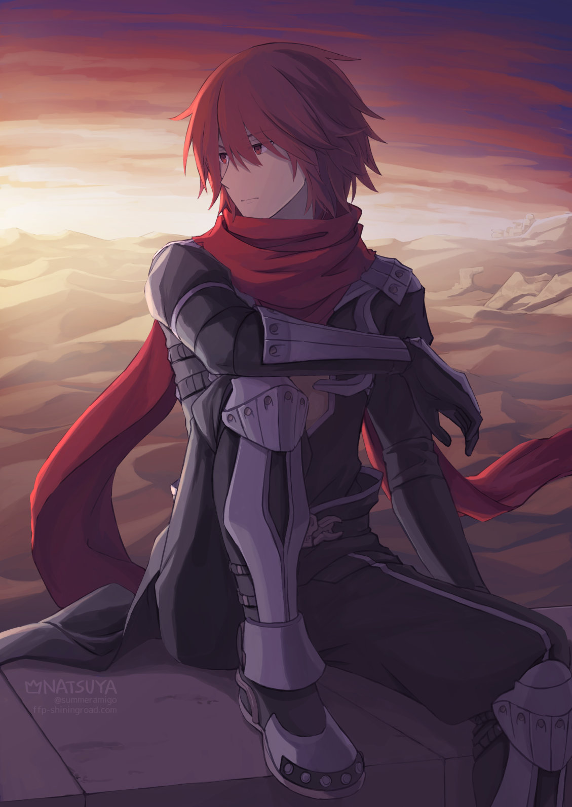 1boy armor armored_boots artist_name assassin_cross_(ragnarok_online) black_cape black_pants black_shirt boots cape closed_mouth commentary_request desert expressionless foot_out_of_frame hair_between_eyes highres knee_up long_bangs looking_afar male_focus natsuya_(kuttuki) orange_sky outdoors pants pauldrons ragnarok_online red_eyes red_scarf redhead sand_dune scarf shirt short_hair shoulder_armor sitting sky solo sunset vambraces waist_cape web_address
