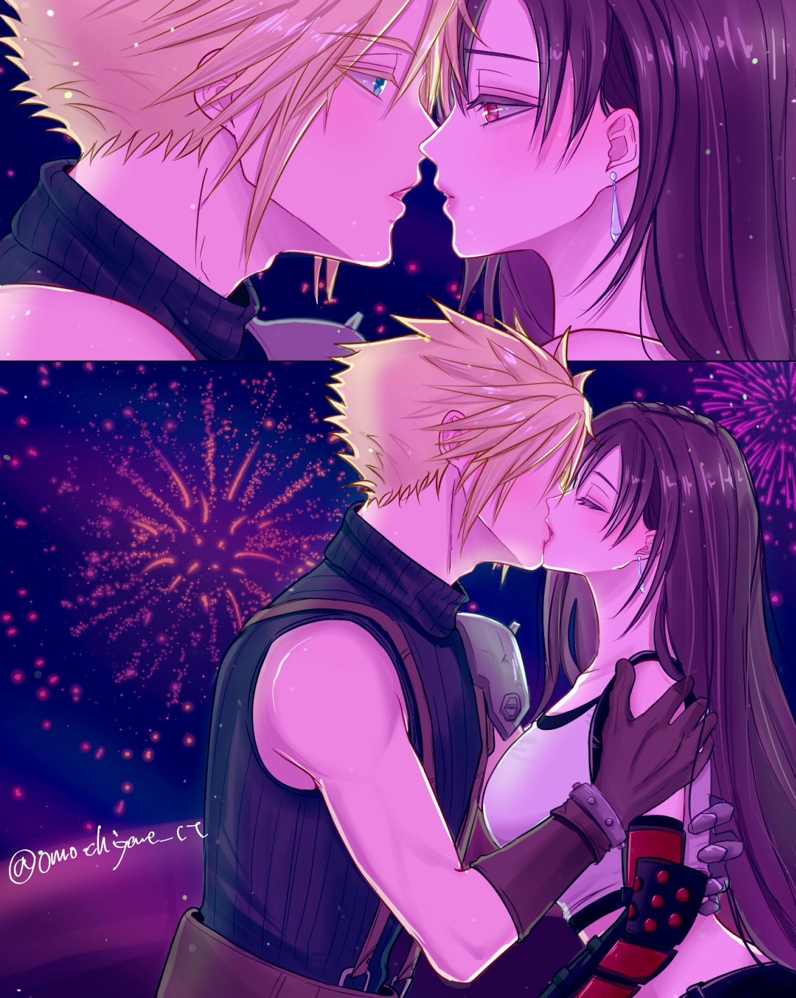 1boy 1girl aerial_fireworks armor bare_shoulders black_hair black_skirt black_sports_bra blonde_hair blue_eyes breasts brown_gloves closed_eyes cloud_strife collarbone commentary couple crop_top earrings final_fantasy final_fantasy_vii final_fantasy_vii_rebirth final_fantasy_vii_remake fireworks from_side gloves gondola hand_on_another's_back hand_on_another's_shoulder highres imminent_kiss jewelry kiss large_breasts lips long_hair looking_at_another midriff night night_sky omochigame_ct open_mouth parted_lips profile red_eyes sequential short_hair shoulder_armor single_arm_guard single_bare_shoulder single_earring sitting skirt sky sleeveless sleeveless_turtleneck spiky_hair sports_bra suspenders sweater tank_top teardrop_earrings tifa_lockhart turtleneck turtleneck_sweater twitter_username upper_body white_tank_top