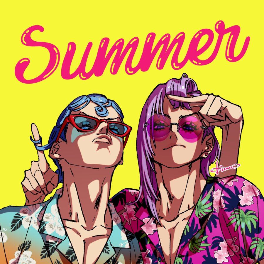 2boys blue_eyes blue_hair closed_mouth collarbone collared_shirt english_text ghiaccio hand_up hawaiian_shirt head_back head_tilt jojo_no_kimyou_na_bouken light_frown looking_at_viewer male_focus medium_hair melone mojisan_(ebimo) multiple_boys playing_with_another's_hair pout purple_hair shirt short_hair signature simple_background sunglasses text_background yellow_background