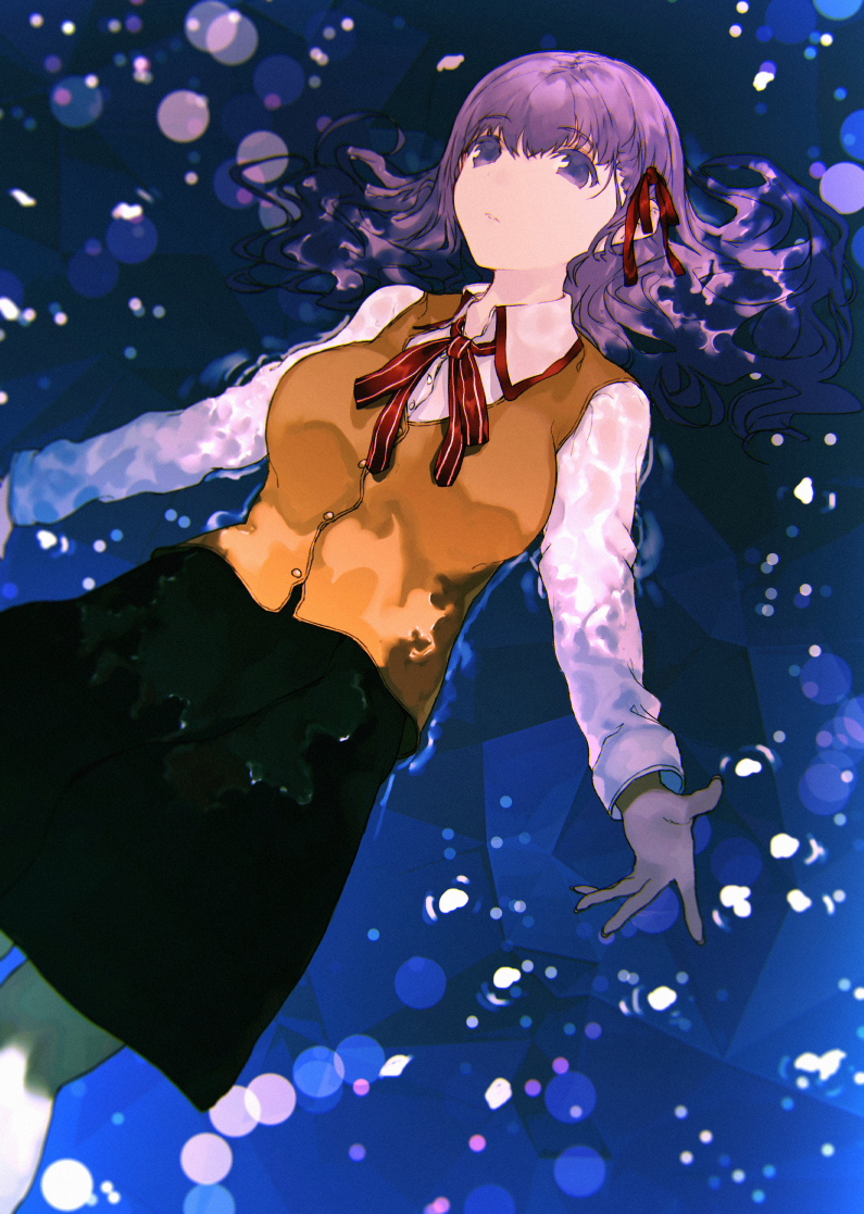 1girl afloat bad_id bad_pixiv_id black_skirt breasts brown_vest closed_mouth collared_shirt fate/stay_night fate_(series) fifuth hair_ribbon homurahara_academy_school_uniform large_breasts long_hair long_sleeves looking_at_viewer lying matou_sakura neck_ribbon on_back partially_submerged purple_hair red_ribbon ribbon school_uniform shirt skirt solo striped_ribbon vest violet_eyes water wet wet_clothes white_shirt