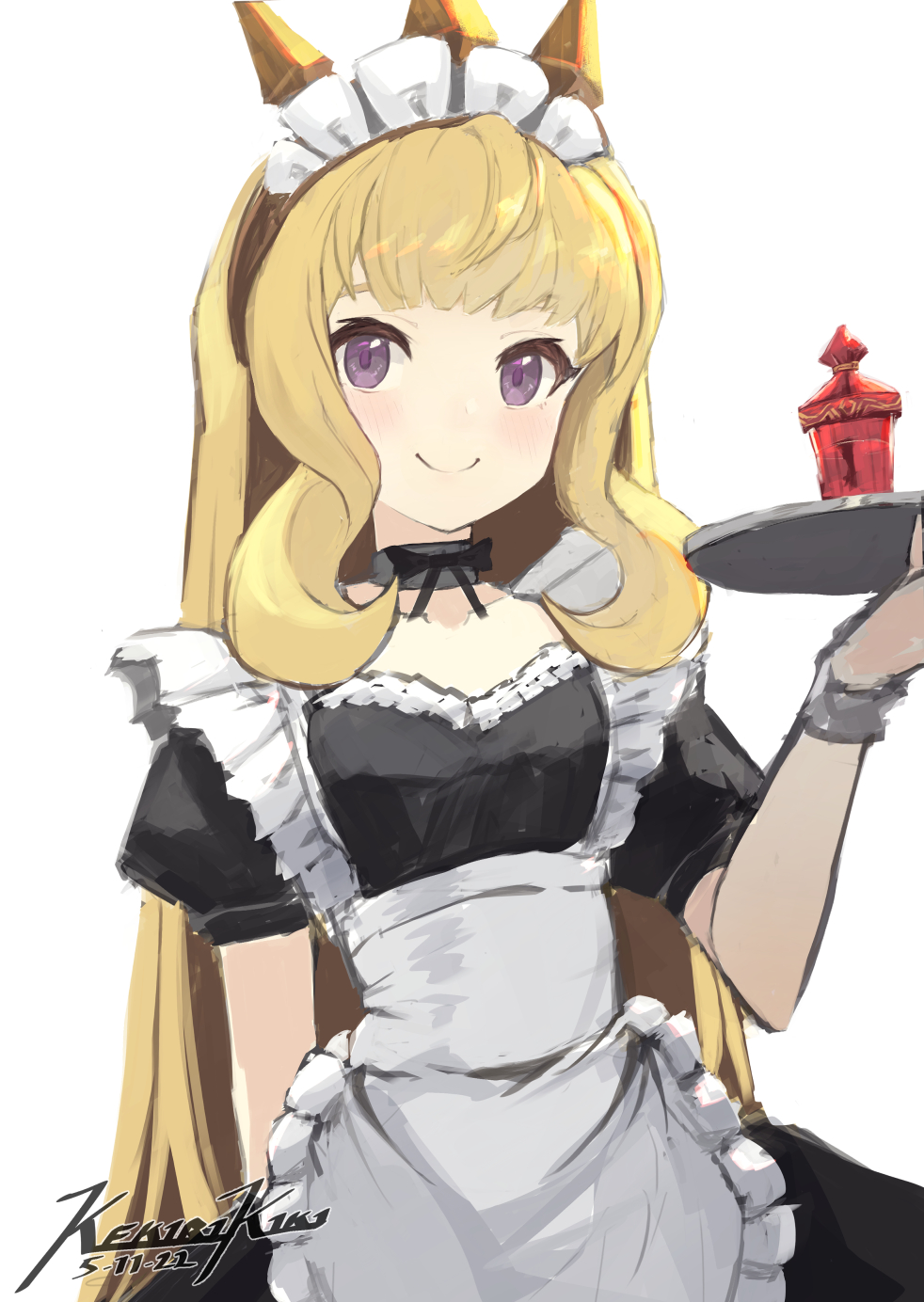1girl apron artist_name black_choker black_ribbon blonde_hair blunt_bangs bottle bracelet breasts cagliostro_(granblue_fantasy) choker curly_hair dress frills granblue_fantasy highres holding holding_tray jewelry lace lace_choker long_hair looking_at_viewer maid maid_apron maid_headdress perfume_bottle punished_pigeon ribbon sidelocks sketch small_breasts smile tiara tray upper_body violet_eyes white_background