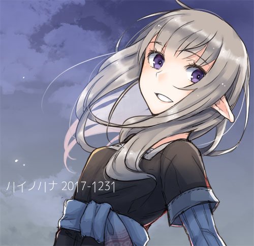 1girl ayakura_juu commentary_request elf grey_hair long_hair looking_at_viewer lowres original parted_lips pointy_ears shirt sky smile solo upper_body violet_eyes