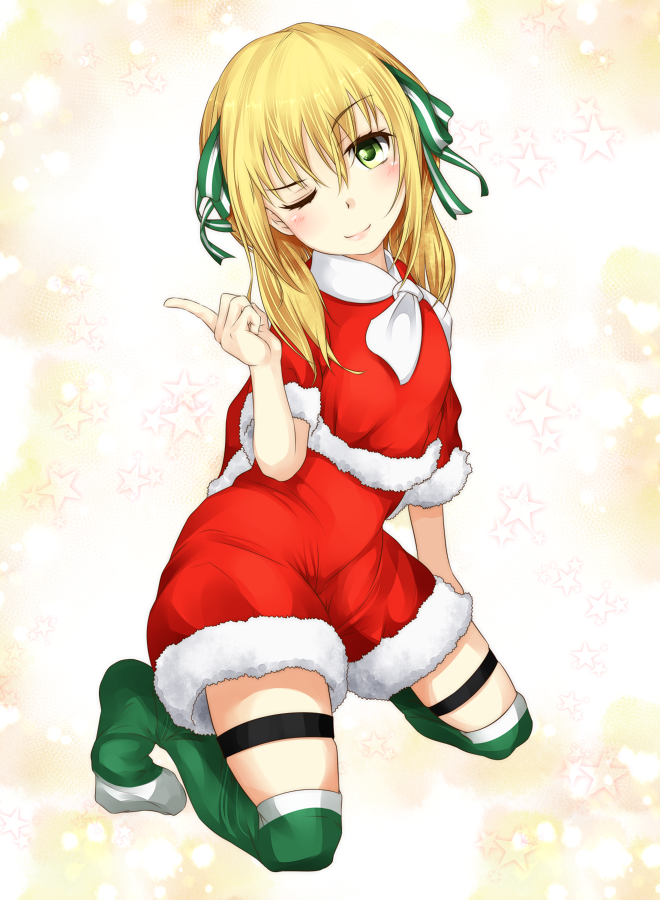1girl black_straps blonde_hair blush christmas closed_mouth commentary_request estelle_rosenthal fur-trimmed_shorts fur_trim green_eyes green_thighhighs hair_between_eyes hand_up head_tilt kneeling long_bangs long_hair looking_at_viewer one_eye_closed red_shorts santa_costume shin_(highest1192) shorts smile solo star_(symbol) starry_background thigh-highs thigh_strap toaru_kagaku_no_accelerator toaru_majutsu_no_index