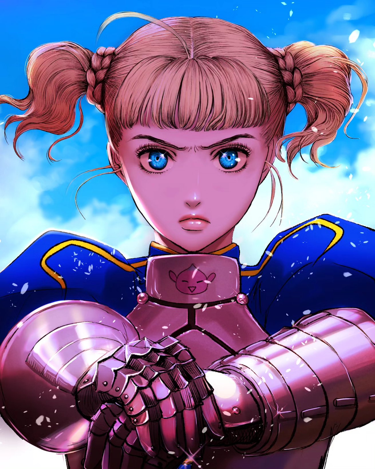 1girl ahoge armor artoria_pendragon_(fate) berserk blonde_hair blue_eyes blue_sky blunt_bangs braid character_print chest_guard closed_mouth clouds cosplay english_commentary eyelashes falling_petals farnese_(berserk) fate_(series) floating_hair frown furrowed_brow gauntlets glint hands_up highres lips looking_at_viewer nisino2222 outstretched_arms own_hands_together petals plate_armor puck_(berserk) puffy_sleeves saber_(fate) saber_(fate)_(cosplay) serious short_hair sky solo straight-on twintails upper_body wind