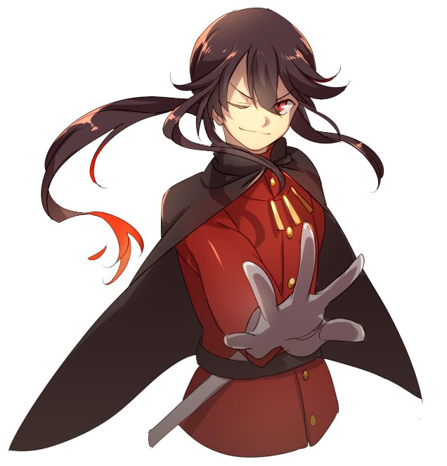 1boy belt black_cape black_hair buttons cape echo_(circa) fate/grand_order fate_(series) fiery_hair gloves jacket jewelry long_hair long_sleeves looking_at_viewer necklace oda_nobukatsu_(fate) one_eye_closed outstretched_arm pants ponytail red_eyes red_jacket red_pants sidelocks smile solo white_gloves