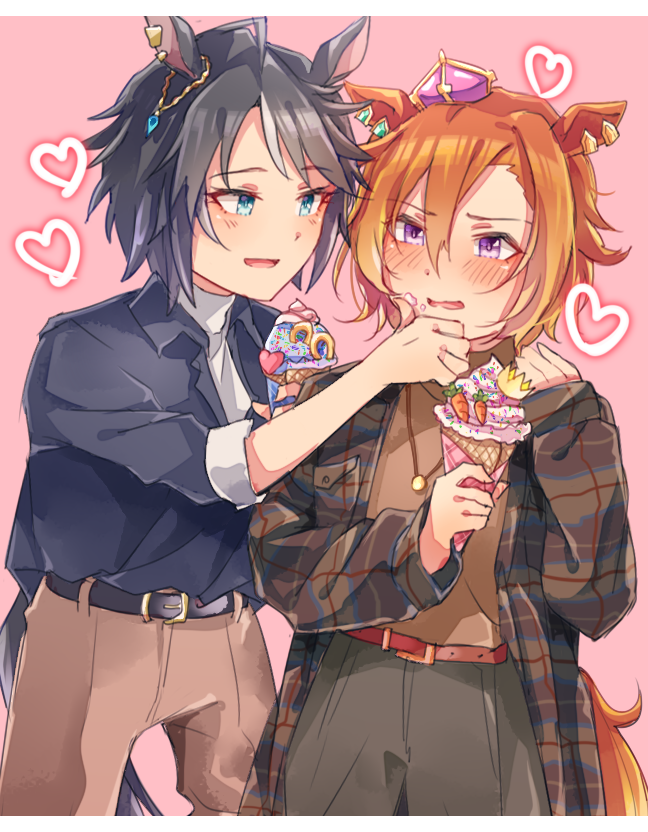 animal_ears belt blue_eyes blush brown_pants crown ear_ornament ear_piercing ears_down embarrassed eye_contact food food_on_face fuji_kiseki_(umamusume) fxtsr grey_hair grey_shirt hair_between_eyes heart holding holding_food holding_ice_cream horse_ears horse_girl horse_tail ice_cream ice_cream_cone jewelry looking_at_another mini_crown multicolored_hair necklace orange_hair pants piercing plaid plaid_shirt shirt short_hair sleeves_rolled_up streaked_hair t.m._opera_o_(umamusume) tail two-tone_hair umamusume violet_eyes white_hair wiping_face yuri