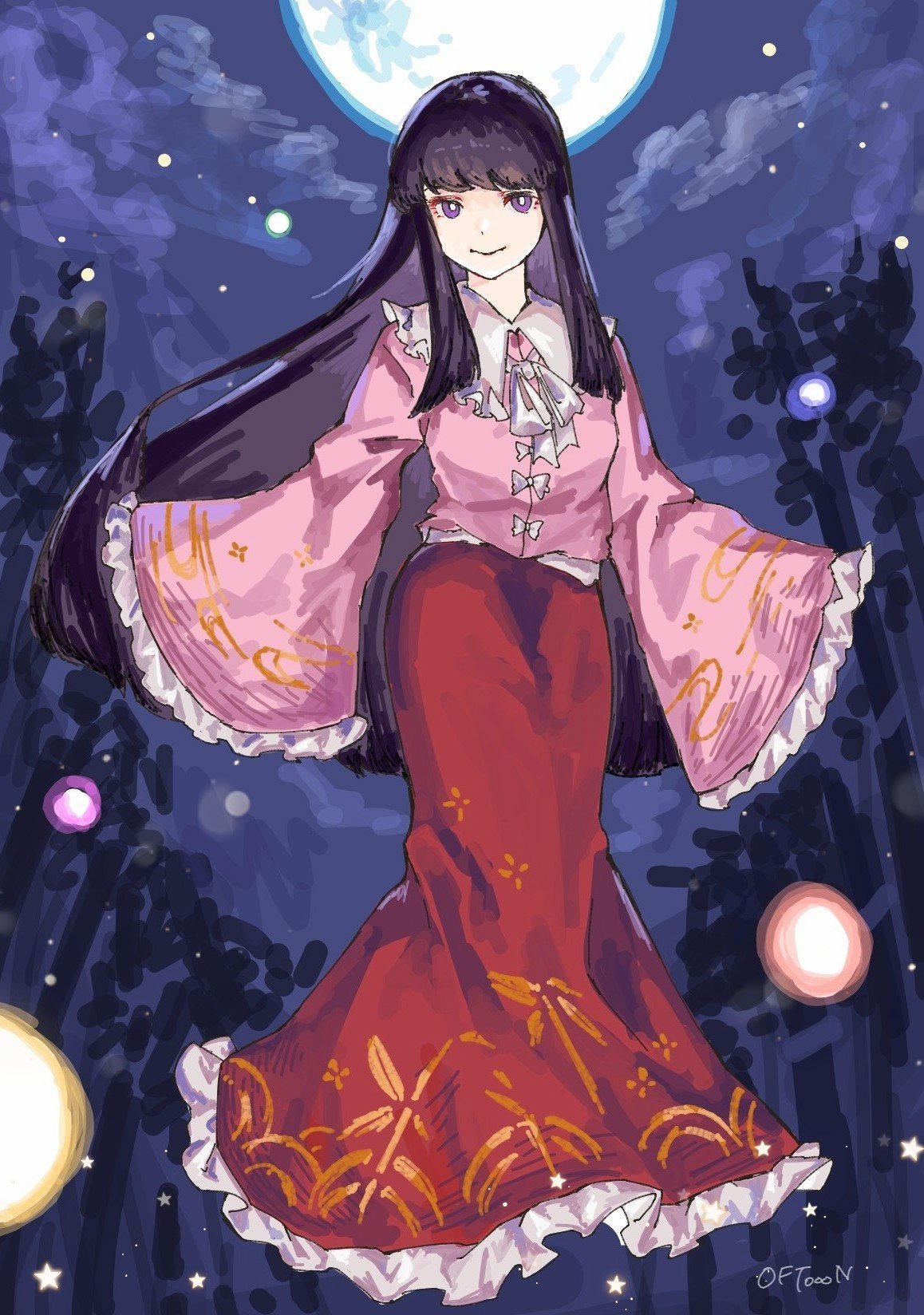 1girl artist_name black_hair bow bowtie bright_pupils closed_mouth floating frilled_shirt_collar frilled_skirt frilled_sleeves frills full_body full_moon highres hime_cut houraisan_kaguya long_hair long_skirt long_sleeves looking_at_viewer moon night night_sky oftooon orb pink_shirt red_skirt shirt sidelocks signature skirt sky smile solo star_(sky) touhou violet_eyes white_bow white_bowtie white_pupils wide_sleeves