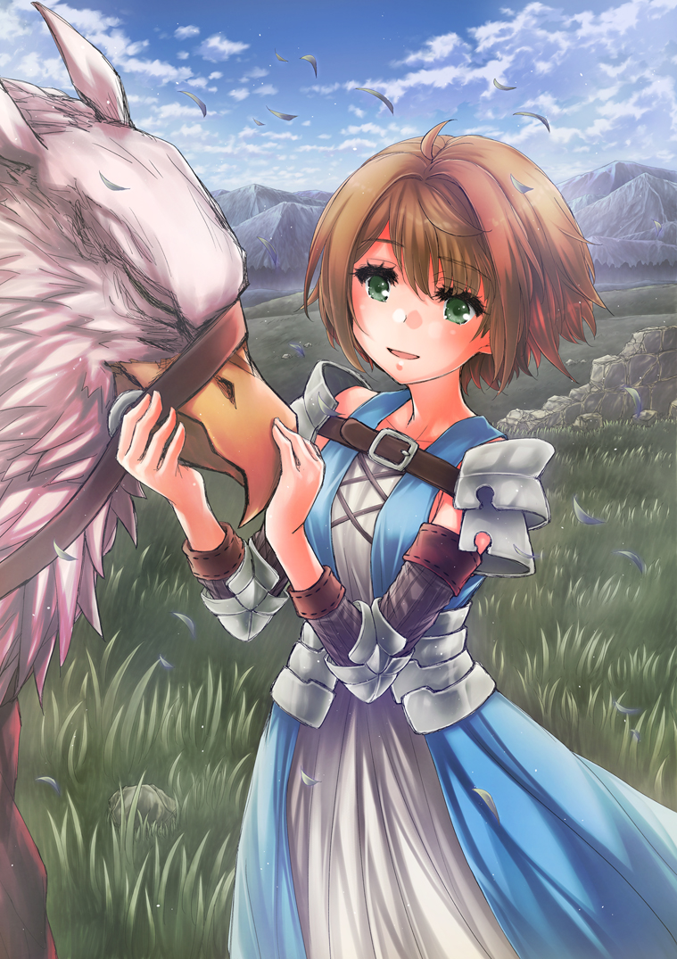 1girl armor belt blue_dress blue_sky brown_hair character_request clouds commentary_request dress green_eyes griffin kira_works mountainous_horizon on_grass open_mouth outdoors short_hair shoulder_armor sky smile standing unicorn_overlord white_dress