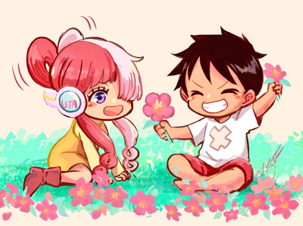 &gt;_&lt; 1boy 1girl aged_down arm_up black_hair boots closed_eyes cross english_commentary flower hair_over_one_eye headphones holding holding_flower looking_at_another magu_pink monkey_d._luffy multicolored_hair one_piece redhead shirt short_hair signature sitting smile t-shirt two-tone_hair uta_(one_piece) violet_eyes white_hair white_shirt