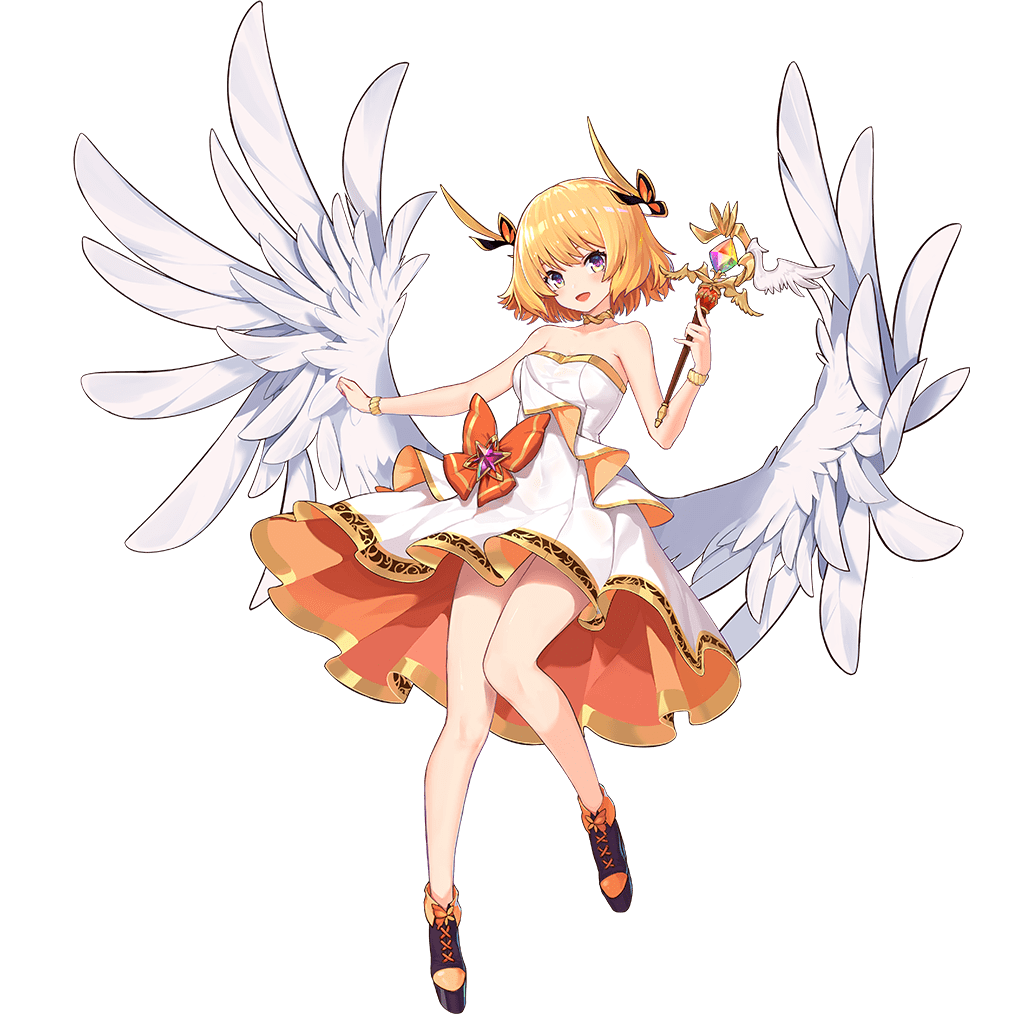 1girl angel_wings ark_order artist_request black_footwear blonde_hair bow bracelet dress dress_bow feathered_wings full_body gold_trim holding holding_wand iris_(ark_order) jewelry looking_at_viewer low_twintails multicolored_eyes official_art orange_bow shoes short_hair sidelocks sleeveless sleeveless_dress solo tachi-e transparent_background twintails violet_eyes wand white_dress white_wings wings yellow_eyes