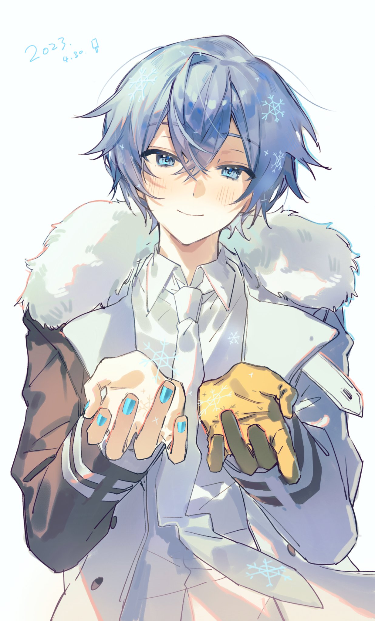 1boy 2023 :&gt; aqua_nails asymmetrical_clothes asymmetrical_sleeves black_sleeves blue_eyes blue_hair blush buttons coat collared_shirt commentary dated diamond_dust_(module) double-breasted food fur_trim gloves hair_between_eyes highres kaito_(vocaloid) kazemi_arashi light_blue_hair light_smile long_sleeves male_focus nail_polish necktie open_clothes open_coat open_hand popsicle shirt simple_background single_glove snowflakes standing upper_body vocaloid white_background white_coat white_necktie white_shirt white_sleeves winter_clothes yellow_gloves