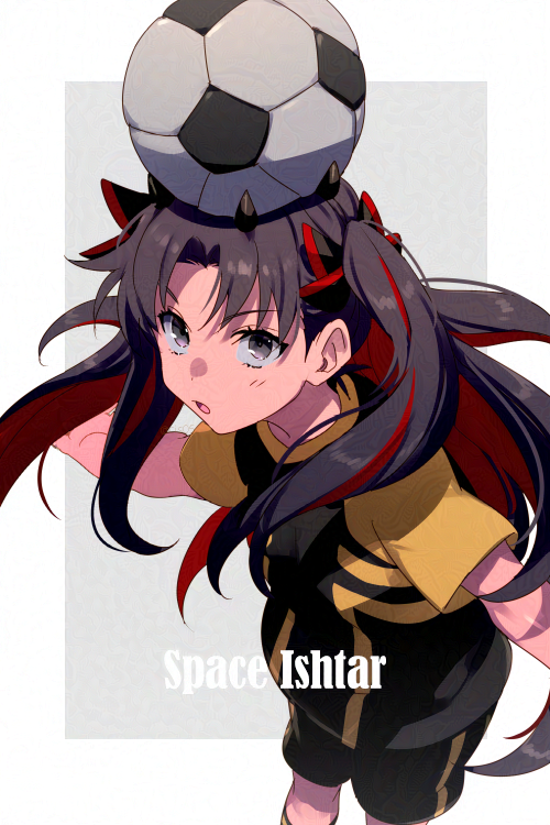 1girl ball black_hair black_shirt black_shorts breasts character_name echo_(circa) fate/grand_order fate_(series) glaze_artifacts grey_eyes horns ishtar_(fate) long_hair looking_at_viewer medium_breasts multicolored_hair open_mouth parted_bangs redhead shirt short_sleeves shorts soccer_ball soccer_uniform solo space_ishtar_(fate) sportswear twintails two-tone_hair two_side_up yellow_shirt